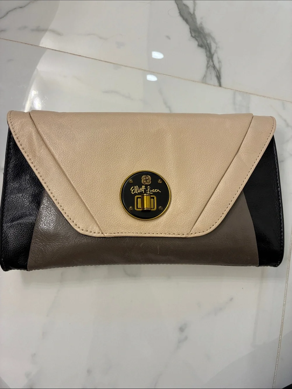 Elliott Lucca Beige, Taupe & Black Leather Colorblock Clutch